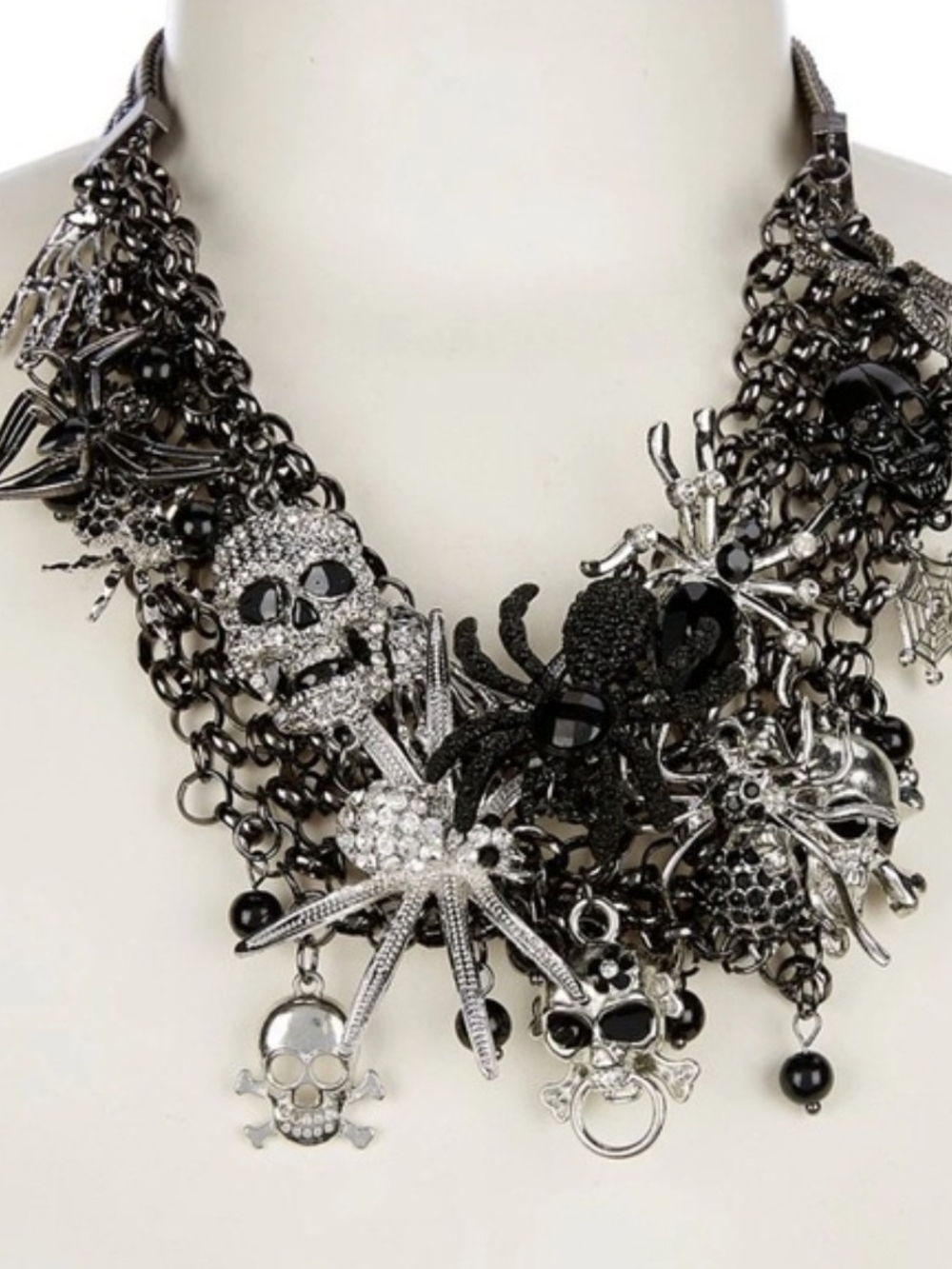 👉✨️ Natasha Couture Black/ Silver Gothic Spider And Skull Charm Bib Necklace